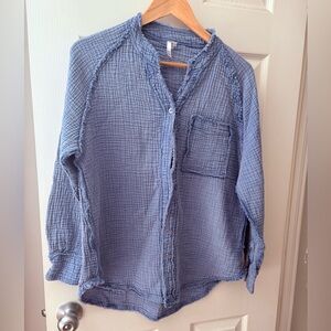 KAKTUS cotton muslin crepe long sleeve shirt size medium blue button front